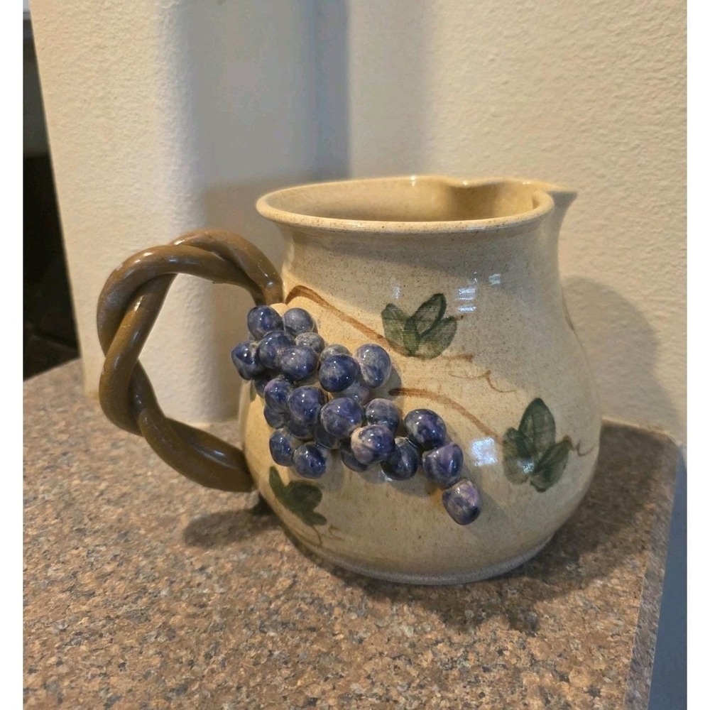 VTG Studio Pottery Pitcher Raised Grapes‎ Twisted Handle Signed 6" Decor Juice